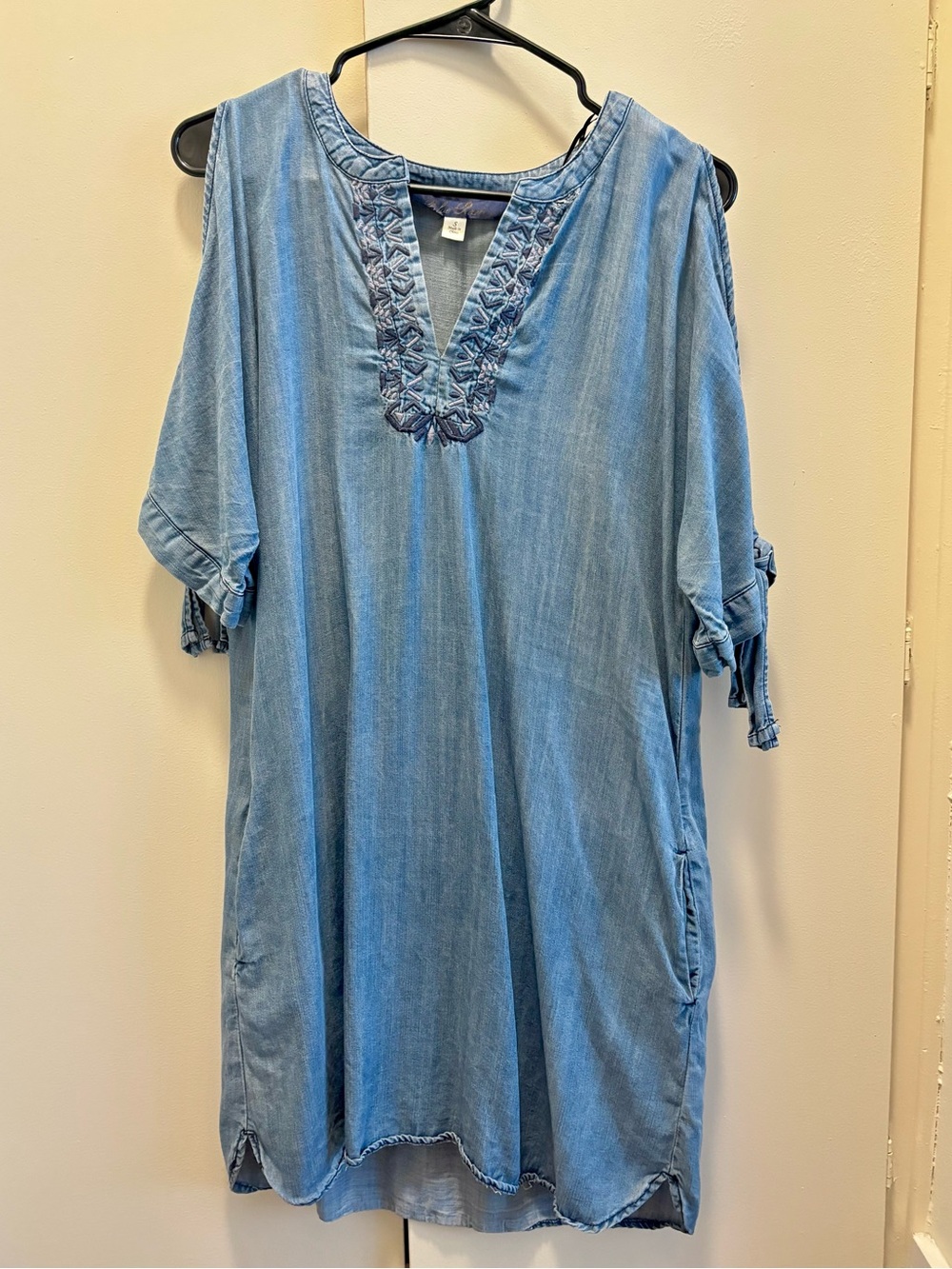 Blue Rain Blue Chambray Shift Mini Dress - Cutout Shoulders - Tencel fabric
